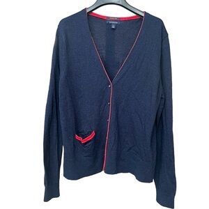 Lands’ End Women Sz  L 14-16 Navy 100% Merino Wool Button Up Cardigan Preppy